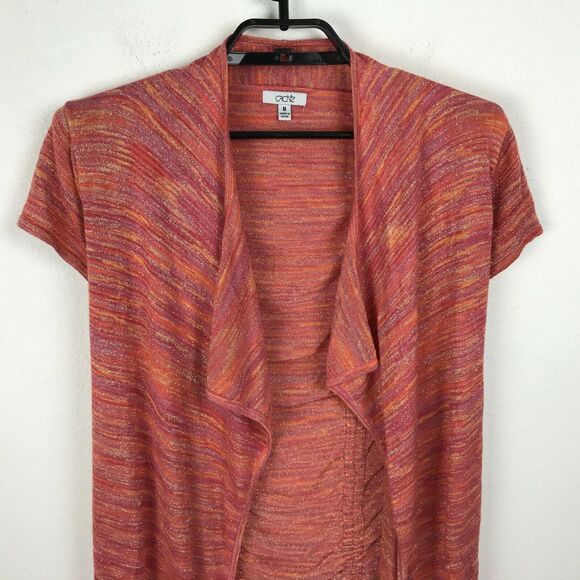 Cache Cardigan Sweater M Orange Pink Metallic Ruched Back Short Sleeve Striped - Picture 6 of 8